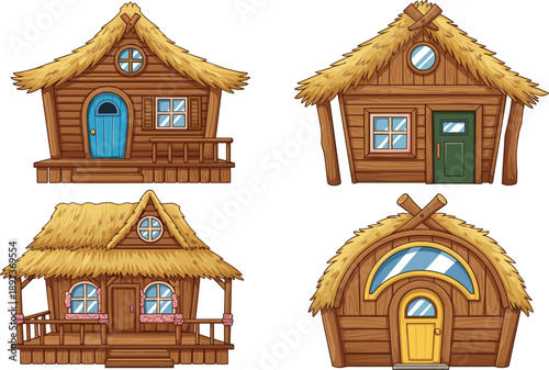 Cartoon wooden house vector, thatched roof architecture, whimsical cabin design, rustic fantasy shelter, colorful front view, storybook building illustration, playful home concept