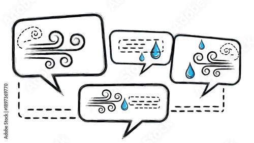Set of hand-drawn speech bubbles containing symbols for wind and raindrops representing various weather conditions and storms.