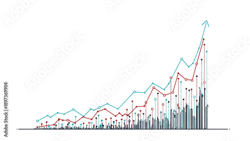 Abstract statistical line graph showing significant upward growth and data points with various colors and heights for success.