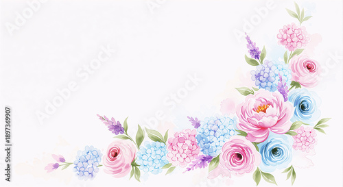 Pastel Watercolor Floral Corner Border with Roses and Hydrangeas