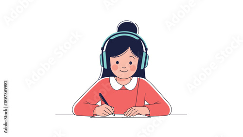 Young girl wearing headphones and a red sweater focused on writing in her notebook during an online study session.