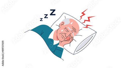 Senior man experiencing a restless night of sleep with symptoms of fever and sweating under the covers in his bed.