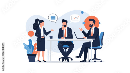 Team of business professionals having a productive meeting at a table to discuss data and strategies for growth.