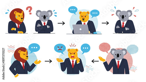 Business animals in suits illustrating various emotions and communication styles during a workplace conflict scenario.