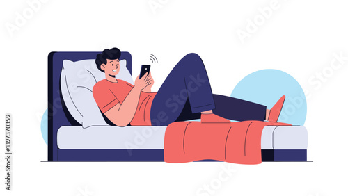 Young man lying in bed and using his smartphone late at night which could affect his sleep quality and health.