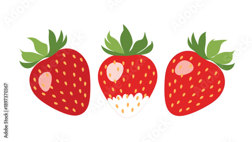 Three red strawberries showing different stages of spoilage and mold growth to illustrate food safety and decay.