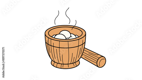 Traditional japanese steaming mochi rice cakes in a wooden mortar ready for pounding during a festive ceremony.
