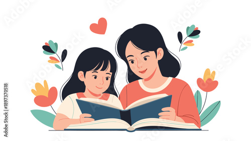 Mother and her young daughter reading a book together in a warm environment filled with flowers and a heart icon.