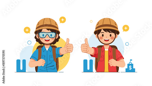 Pair of young adventurers in explorer uniforms and hats giving a thumbs up sign of approval and success.