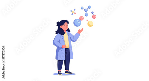 Illustration of a scientist woman with a little girl surrounded by science symbols on International Day of Women and Girls in Science.