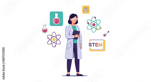 Illustration of a woman in a lab coat surrounded by science icons on International Day of Women and Girls in Science.