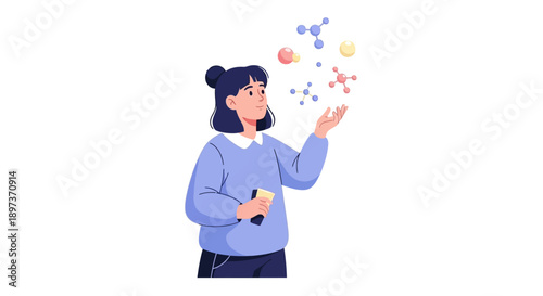 Illustration of a young woman scientist with a book and interacting with floating scientific elements on International Day of Women and Girls in Science, in a simple design.