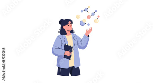 Illustration of a woman scientist with a little girl, celebrating International Day of Women and Girls in Science, with colorful molecular structures, in a simple design.
