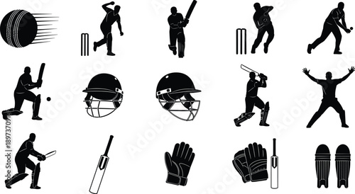 Comprehensive black and white cricket silhouette collection featuring professional players in action poses with bats helmets pads gloves and essential match equipment icons