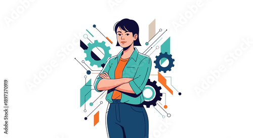 Illustration of a confident young scientist with arms crossed on International Day of Women and Girls in Science, surrounded by design elements and icons.