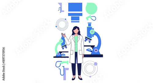 Illustration of a woman scientist with a little girl surrounded by science icons and equipment on International Day of Women and Girls in Science, promoting gender equality in a colorful