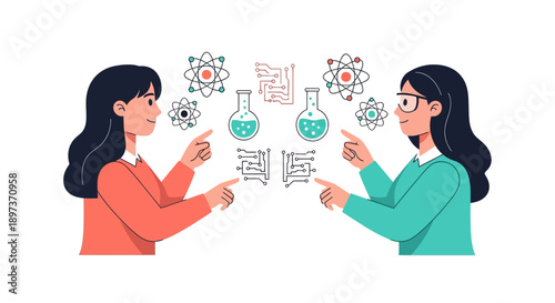 Illustration of two women discussing science with icons and symbols floating between them on International Day of Women and Girls in Science.