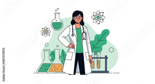 Illustration of a female scientist standing confidently with laboratory equipment and a little girl on International Day of Women and Girls in Science, conveying a sense of empowerment and