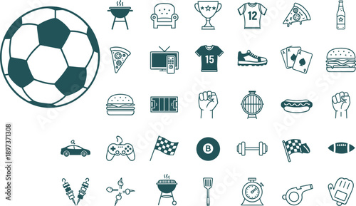 Large collection of sports and leisure vector icons featuring soccer ball football gear fitness equipment fast food items gaming symbols and athletic competition trophies set