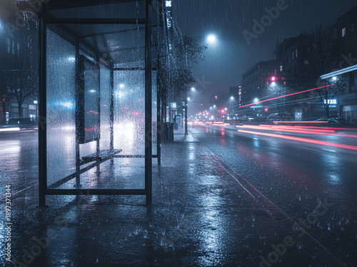 Empty Bus Stop Shelter in City Street During Heavy Rain at Night with Neon Lights