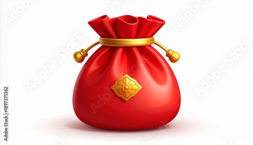 A red satin pouch with gold accents and Chinese characters, viewed from the front