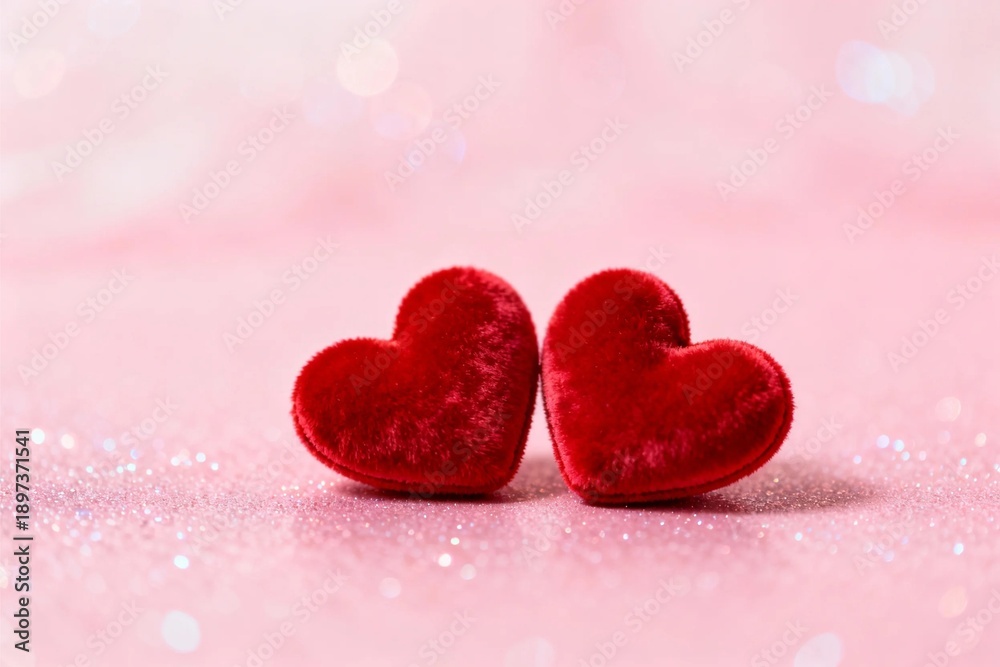 Obraz premium Romantic red heart symbols on soft blurred background, Valentine love concept with warm glow and bokeh effect for greeting card, wedding, festive design