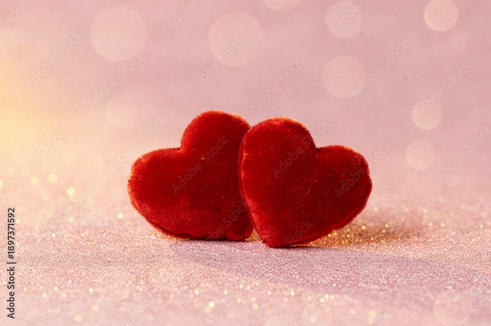 Obraz premium Abstract Valentine’s Day background with shiny red heart shapes, bright romantic texture for love celebration, couple, wedding card and holiday decoration