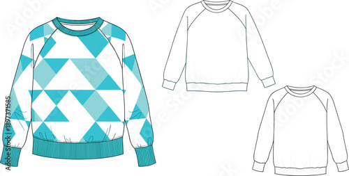 Geometric sweatshirt fashion flat, front and back view, raglan sleeve design, ribbed cuffs and waistband, technical sketch, clothing illustration, apparel vector template