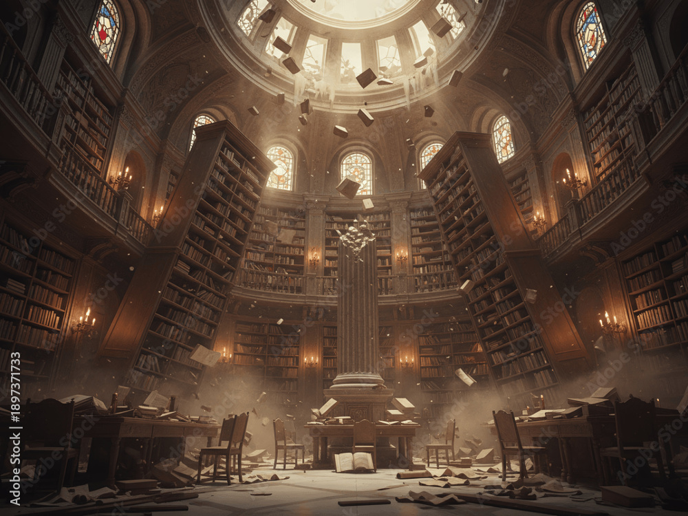 Obraz premium Surreal Magical Library with Flying Books and Tall Bookshelves Under a Domed Ceiling