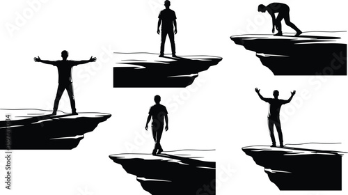 Silhouette collection of a man standing on a mountain cliff edge in various poses representing success freedom risk achievement and future business goals