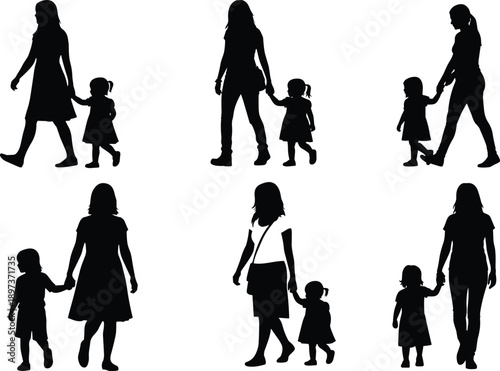 Silhouette collection of mothers holding hands with their young children walking together representing motherhood maternal love family bonding and early childhood development and guidance.