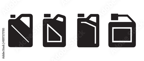Set of Black Jerrycan Icons and Symbols of Fuel Containers, Isolated on White Background.