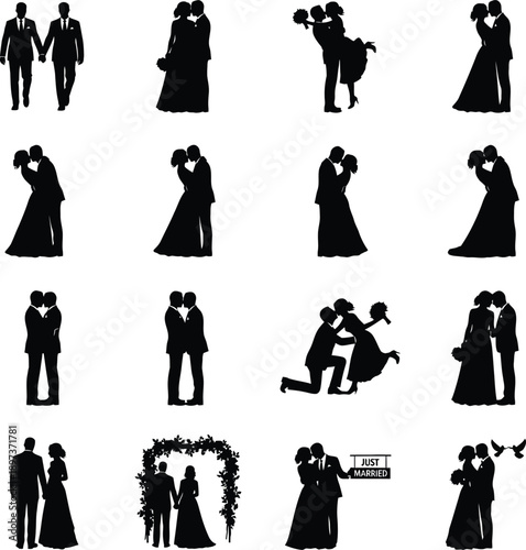 Wedding Couple Silhouettes Set - Romantic Bridal, Marriage and Formal Event Icons Collection