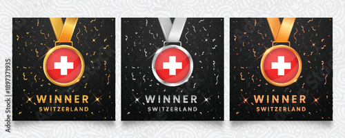 A premium Switzerland winner set featuring gold, silver and bronze medals with the national Swiss flag design, displayed on a dark background with festive confetti and sparkling highlights