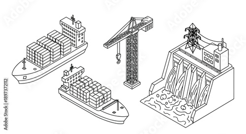 Isometric illustration of a cargo ship crane and industrial building