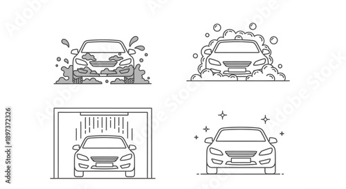 Car wash process illustration showing stages of automated vehicle cleaning