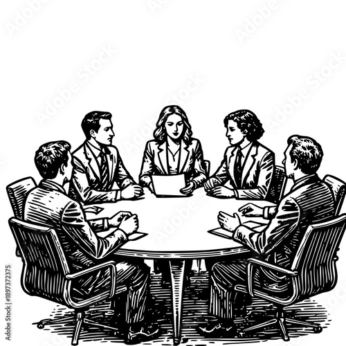 Collaborative Dynamics in Boardroom: A group of business professionals in formal attire engaged in a strategic discussion around a circular table in a boardroom.