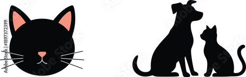 Black cat and dog silhouette set with minimalist feline head icon for pet shop clinic and animal friendship.