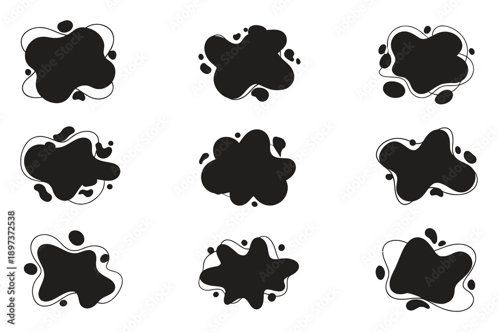 Fototapeta premium A collection of nine black abstract shapes resembling paw prints are arranged on a stark white background high-quality