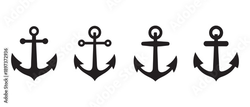 Black Nautical Anchors Collection, Graphic Icons, Marine Symbol, isolated on white background.