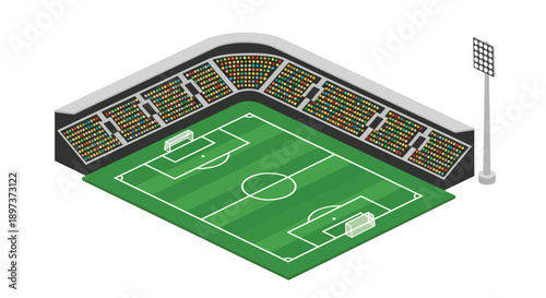 Isometric illustration of a soccer stadium with a green field and seating