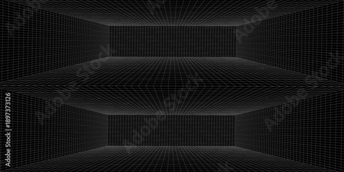Abstract 3d perspective indoor wireframe vector design. Vector illustration. wireframe grid. perspective grid room on black background