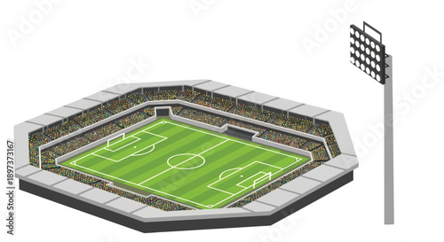 Isometric view of a green soccer field inside a stadium with spectators