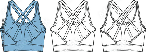 Sports bra back view vector, racerback strap design, fashion flat sketch, technical garment illustration, activewear construction detail, fitness clothing template, support structure