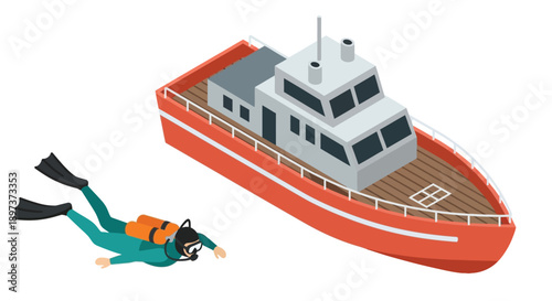 Isometric illustration of a red boat with a diver swimming nearby