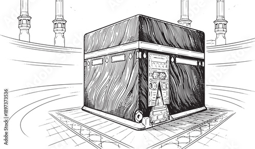 Detailed black and white line art illustration of the Kaaba in Mecca with pilgrims, sacred Islamic landmark, religious worship concept, minimal vector style for education and spiritual design