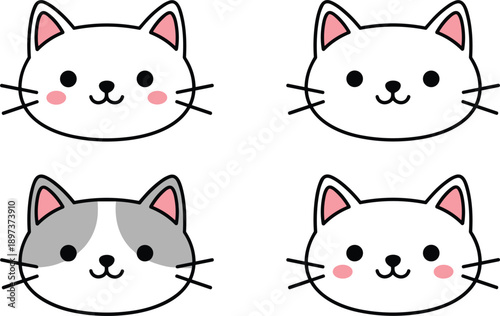 Cute white and grey kitten faces with pink rosy cheeks for kawaii stickers baby shower and nursery decor.