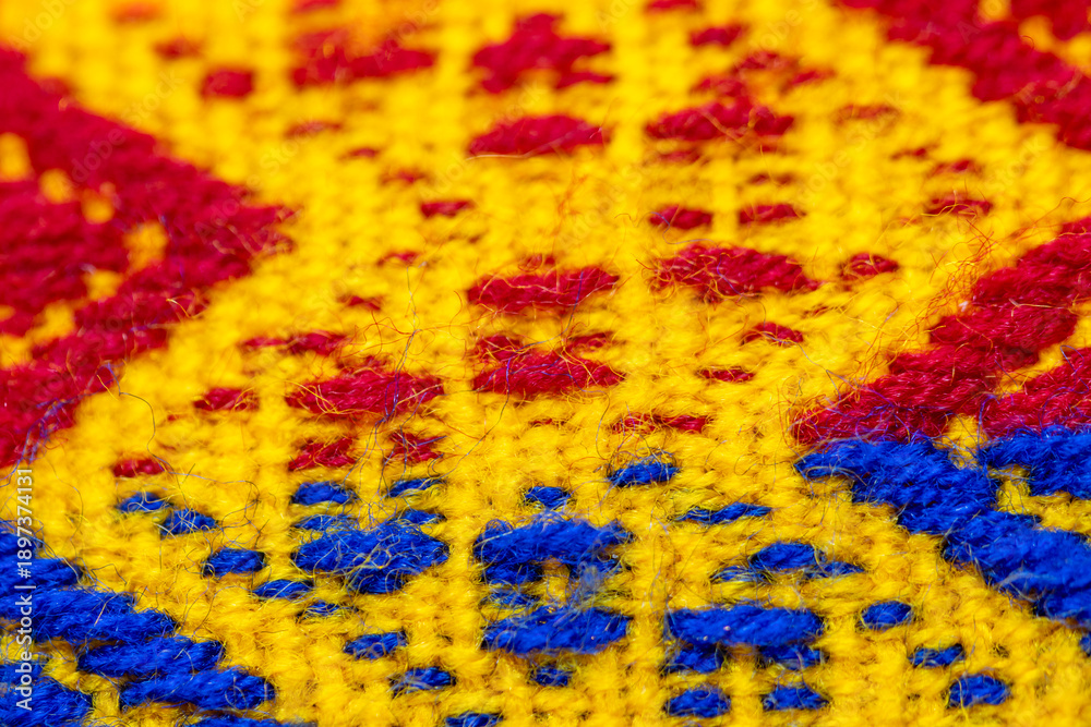 Fototapeta premium Woven rug patterns, hand-woven rug carpet, multicolored hand-woven fabric, regional pattern,