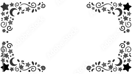 きらきらと輝くような星やポップな紙吹雪の幾何学模様が楽しいフレーム素材です。白黒モノクロのわくわくするパーティーの案内や子供向けのメッセージカードに最適。希望や幸福感あふれるデザインが、大切な言葉を彩ります。