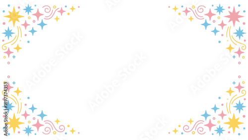 きらきらと輝くような星やポップな紙吹雪の幾何学模様が楽しいフレーム素材です。わくわくする明るい色彩は、パーティーの案内や子供向けのメッセージカードに最適。希望や幸福感あふれるデザインが、大切な言葉を彩ります。